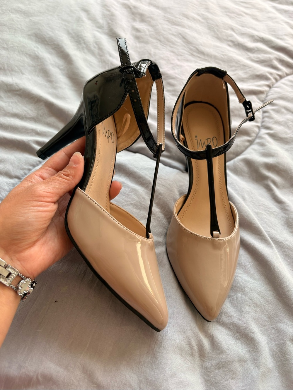 Nude & Black T-Strap Pointed Toe Heels